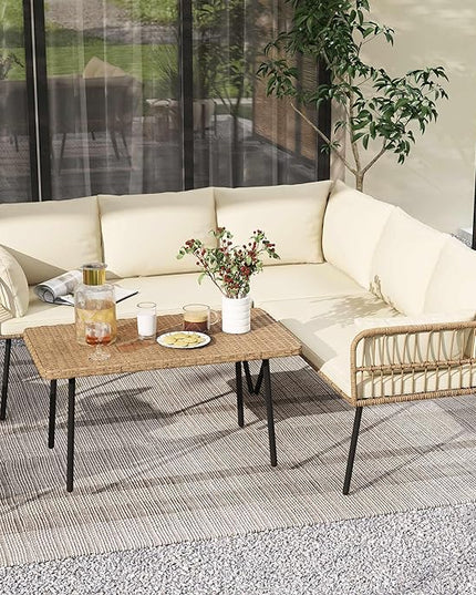 DWVO 4 Pieces Patio Furniture Set, Outdoor Rattan Woven Patio Conversation Set Sectional L-Shaped Sofa with 5 Seater for Backyard, Porch, Boho Detachable Lounger with Cushions and Side Table (Beige) - LeafyLoom