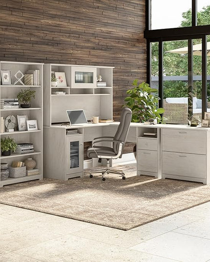 Bush Furniture Cabot 60W L Shaped Computer Desk with Storage in Linen White Oak - LeafyLoom