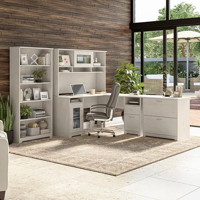 Bush Furniture Cabot 60W L Shaped Computer Desk with Storage in Linen White Oak - LeafyLoom