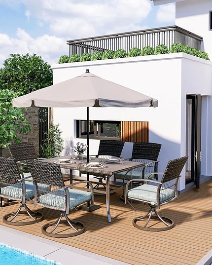 Pamapic 7 Piece Patio Dining Set for 6,Outdoor Wicker Furniture Set for Backyard Garden Deck Poolside with 6 Cushions Swivel Rocker Chairs,Iron Slats Table Top, Removable Cushions(Green) - LeafyLoom