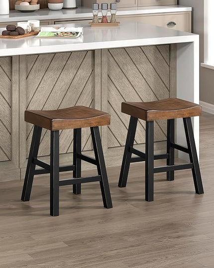 Lexicon Saddle Bar Stools Set of 2 Barstools with Footrest, Armless Dining Chairs for Kitchen Island, Breakfast Nook, Living Room, Counter Height, Black/Brown - LeafyLoom