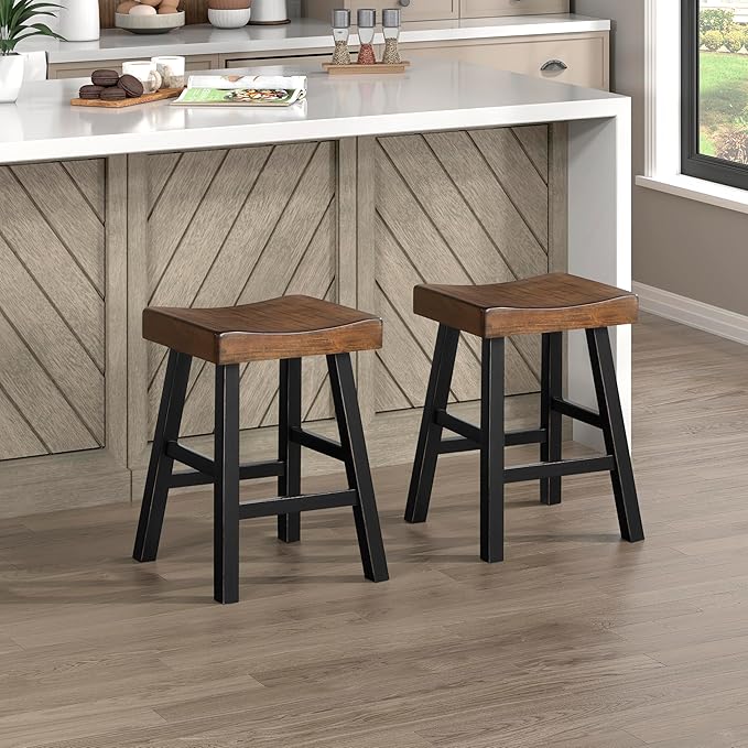 Lexicon Saddle Bar Stools Set of 2 Barstools with Footrest, Armless Dining Chairs for Kitchen Island, Breakfast Nook, Living Room, Counter Height, Black/Brown - LeafyLoom