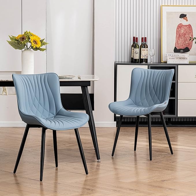 YOUTASTE Dining Chairs Set of 2 Upholstered Mid Century Modern Kitchen Dining Room Chairs Armless Faux Leather Accent Chairs Metal Vanity Lounge Chair with Back for Living Room Bedrooms,Blue - LeafyLoom