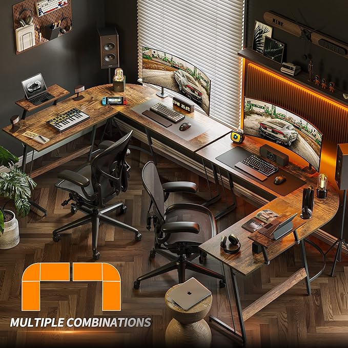 Cubiker L Shaped Desk, Computer Corner Desk, Gaming Desk with Monitor Stand, Home Office Study Writing Workstation, Space-Saving, Rustic Brown - LeafyLoom
