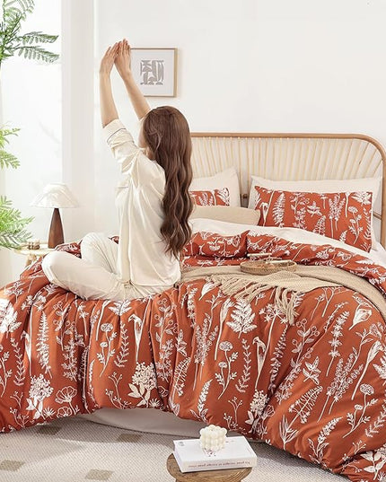 JANZAA 3PCS King Comforter Terracotta Comforter Set Floral Comforter Set White Flower Printed Bedding Set with 2 Pillow Cases for All Season Using - LeafyLoom