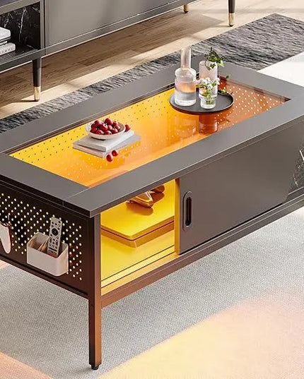 Bestier 42 Inch LED Coffee Table with Storage Glass Coffee Tables for Living Room with Sliding Doors, Black Living Room Center Table - LeafyLoom