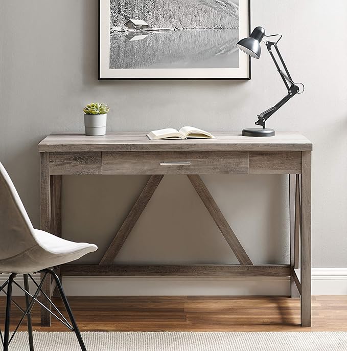 Walker Edison Rustic Farmhouse Wood Computer Writing Desk Home Office Workstation Small, 46 Inch, Grey - LeafyLoom