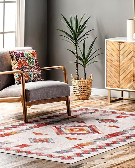 nuLOOM Jayde Machine Washable Southwestern Diamond Ultra Thin Area Rug, 4x6, Beige - LeafyLoom
