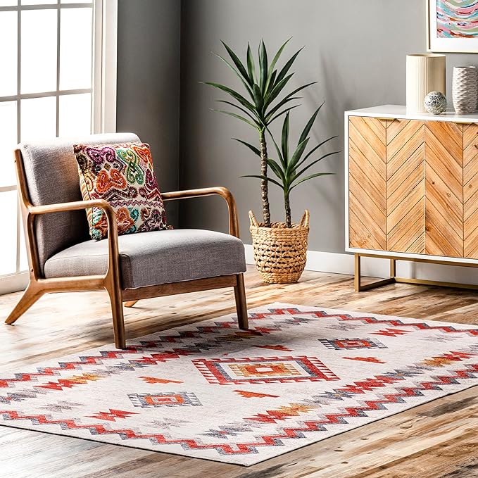 nuLOOM Jayde Machine Washable Southwestern Diamond Ultra Thin Area Rug, 4x6, Beige - LeafyLoom
