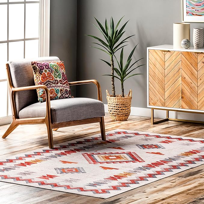 nuLOOM Jayde Machine Washable Southwestern Diamond Ultra Thin Area Rug, 5' x 8', Beige - LeafyLoom