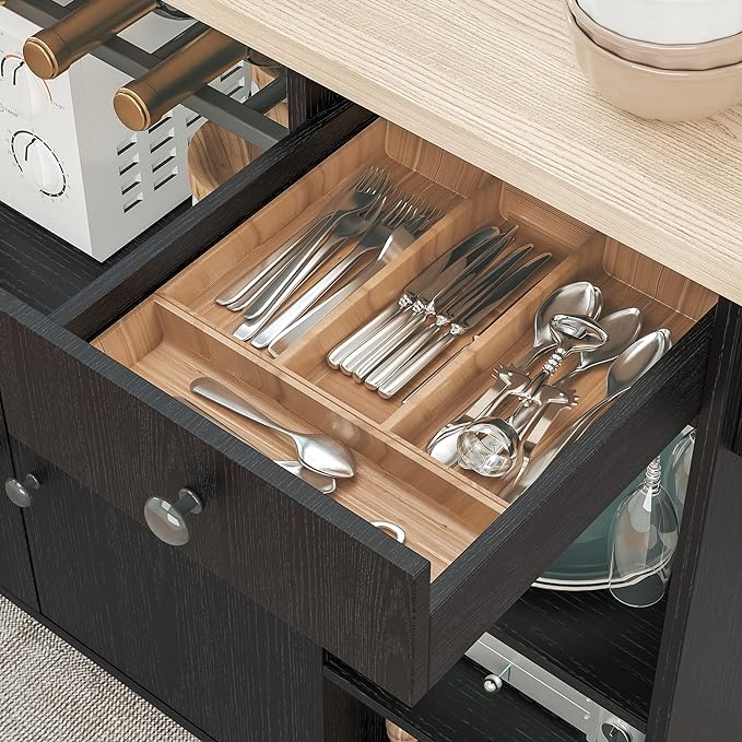 IRONCK Rolling Kitchen Island Cart with Drop-Leaf and Wine Rack, Microwave Rack Serving Cart on Wheels with Drawer & Shelves & Spice Rack & Cup Hanging, Black - LeafyLoom