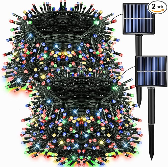 Dazzle Bright 2 Pack Total 400LED 132FT Multi-Colored Christmas Solar String Outdoor Lights, Solar Powered with 8 Modes Waterproof Fairy Lights for Bedroom Patio Garden Tree Party Yard Decoration DazzleBright