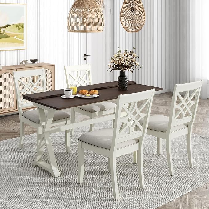 NicBex Small Kitchen Table Set for 4 Dining Room Set 5-Piece Extendable Rubber Wood Dining Table Set with X-Shape Legs for Small Space, Apartment, Studio, Beige - LeafyLoom