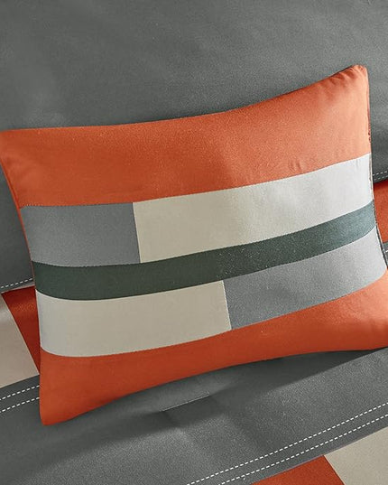 Comfort Spaces Casual Comforter Set Sporty Design, Vibrant Color, Active Lifestyle Boys Bedroom Décor, All Season Soft Microfiber Bedding Set, Decorative Pillow, Sham Grey/Orange Queen 4 Piece - LeafyLoom