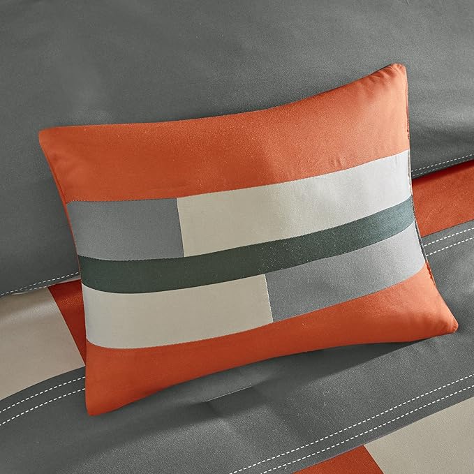 Comfort Spaces Casual Comforter Set Sporty Design, Vibrant Color, Active Lifestyle Boys Bedroom Décor, All Season Soft Microfiber Bedding Set, Decorative Pillow, Sham Grey/Orange Queen 4 Piece - LeafyLoom