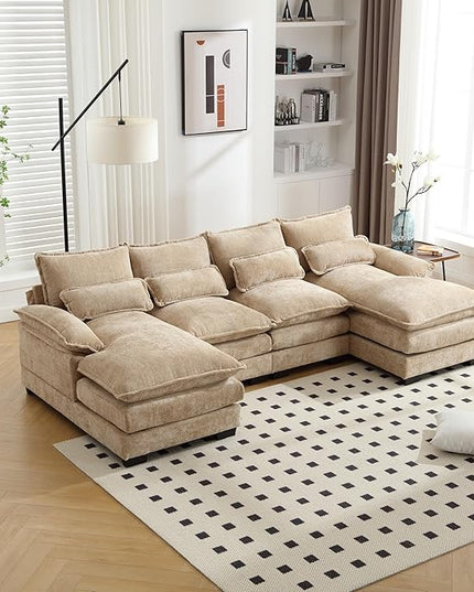 6 Seater Overstuffed Modular Sectional Sofa Cloud Couch with Double Chaise Lounge, U Shaped Chenille Upholstered Leisure Sofa&Couches with Memory Foam and Waist Pillows for Living Room Office - LeafyLoom