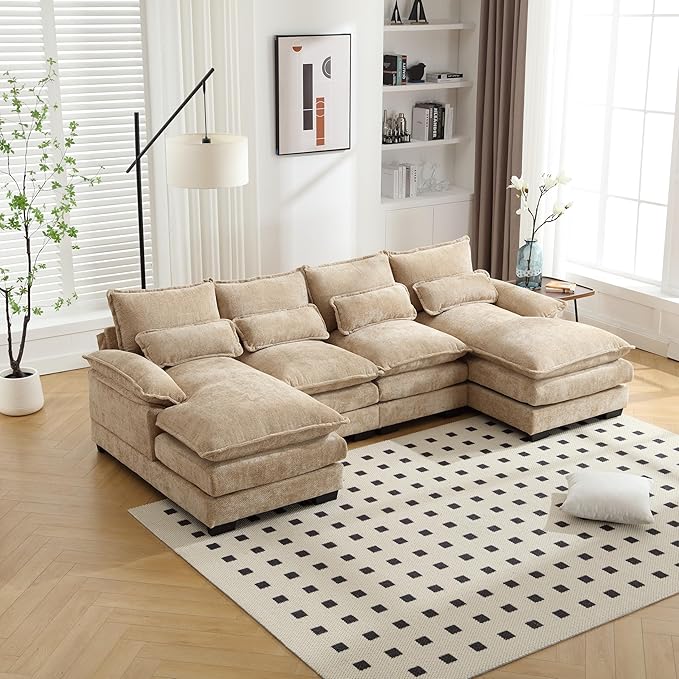 6 Seater Overstuffed Modular Sectional Sofa Cloud Couch with Double Chaise Lounge, U Shaped Chenille Upholstered Leisure Sofa&Couches with Memory Foam and Waist Pillows for Living Room Office - LeafyLoom