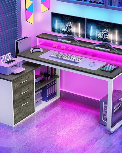YITAHOME L Shaped Desk with Power Outlets & LED Lights & File Cabinet, 55" Corner Computer Desk with 3 Drawers & 2 Storage Shelves, Home Office Desk with Monitor Stand, White & Grey - LeafyLoom