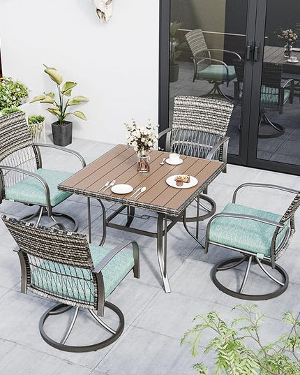 Pamapic 5 Piece Patio Dining Set for 4,Wicker Outdoor Furniture Set for Backyard Garden Deck Poolside with Square Plastic-Wood Table Top,4 Cushions Swivel Rocker Chairs,Removable Cushions(Green) - LeafyLoom