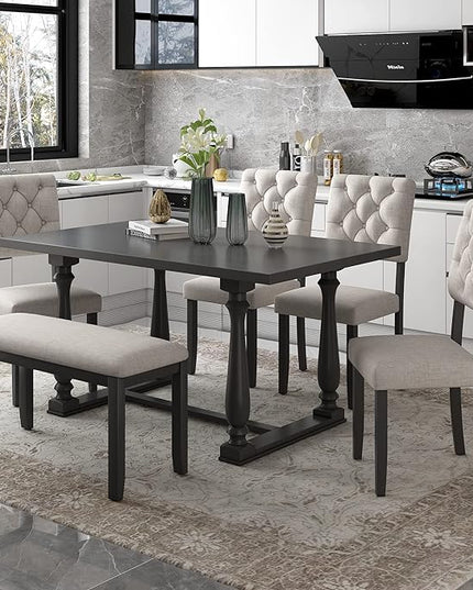 Dining Table Set for 6, 6-Piece Dining Table and Chair Set with Special-Shaped Legs and Foam-Covered Seat Backs & Cushions, Dining Room Table Set for Living Room, Grey+Beige - LeafyLoom