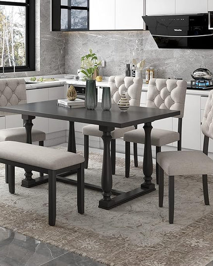 6-Piece Table Set for 6 Special-Shaped Legs and Foam-Covered Seat Backs&Cushions for Dining Room, Gray - LeafyLoom