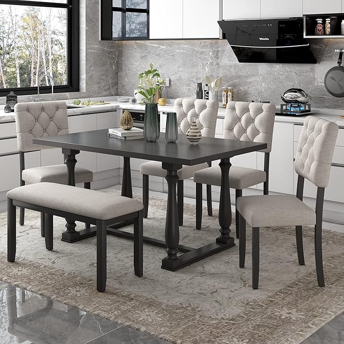 6-Piece Table Set for 6 Special-Shaped Legs and Foam-Covered Seat Backs&Cushions for Dining Room, Gray - LeafyLoom