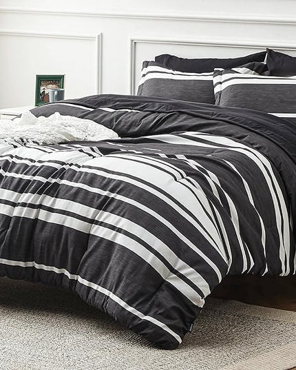 Bedsure Bed in a Bag King Size 7 Pieces, Black White Striped Bedding Comforter Sets All Season Bed Set, 2 Pillow Shams, Flat Sheet, Fitted Sheet and 2 Pillowcases - LeafyLoom
