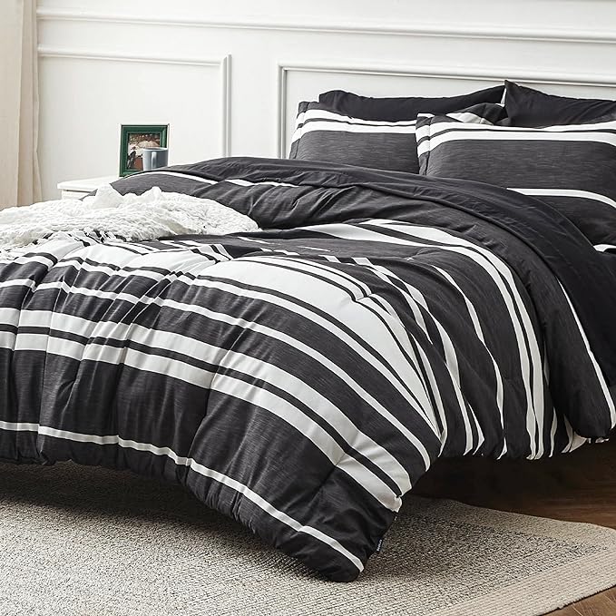 Bedsure Bed in a Bag California King Size 7 Pieces, Black White Striped Bedding Comforter Sets All Season Bed Set, 2 Pillow Shams, Flat Sheet, Fitted Sheet and 2 Pillowcases - LeafyLoom