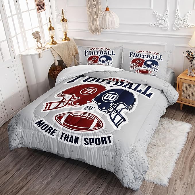 Datura home American Football Comforter Set Vintage Grey American Football Printed Quilt Bedding Set with 1 Comforter and 2 Pillowcases for Boys and Girls Bedroom All Season(Football Grey Queen) - LeafyLoom