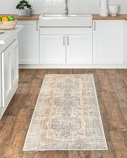 nuLOOM 2x12 Machine Washable Rain Haven Vintage Medallion Area Rug, Light Grey, Traditional Faded Design, Non-Slip Backing, Stain Resistant, For Bedroom, Dining Room, Living Room, Kitchen - LeafyLoom
