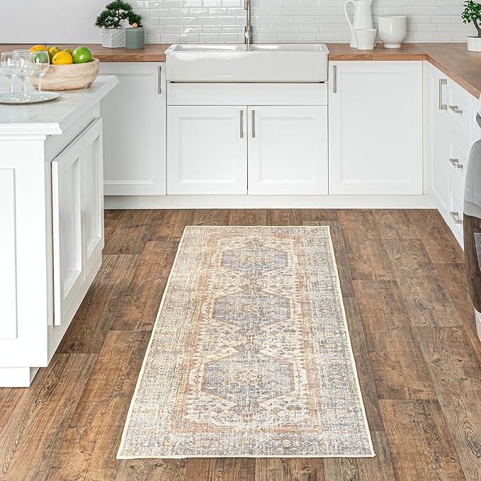 nuLOOM 2x12 Machine Washable Rain Haven Vintage Medallion Area Rug, Light Grey, Traditional Faded Design, Non-Slip Backing, Stain Resistant, For Bedroom, Dining Room, Living Room, Kitchen - LeafyLoom