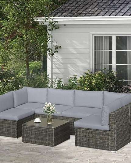 SUNVIVI OUTDOOR 7 Piece Patio Furniture Sets All Weather Gery PE Wicker Couch Sofa with Glass Table, Removable Grey Cushions - LeafyLoom