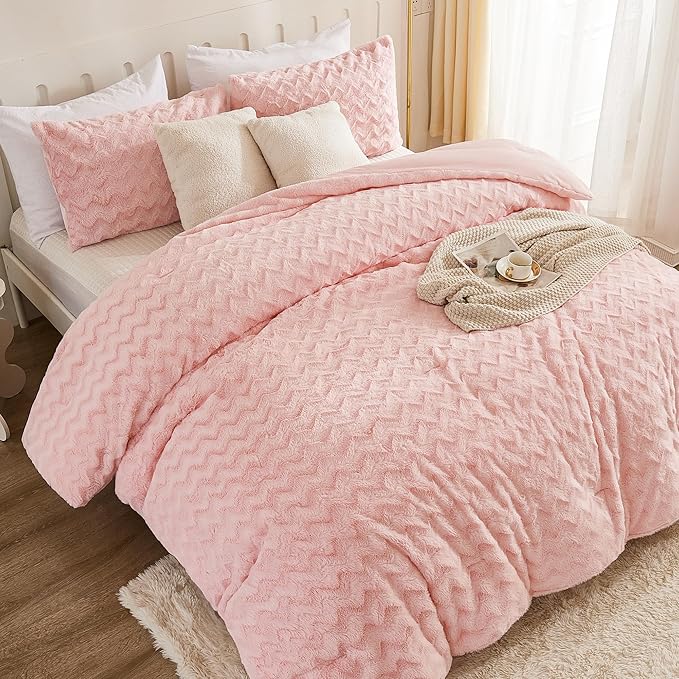 Andency Pink Fleece Comforter Set Full, 3 Pieces Fuzzy Shaggy Plush Sherpa Bedding Comforter Set Women Girls, Solid Fluffy Faux Fur Bed Comforter Set for Winter - LeafyLoom