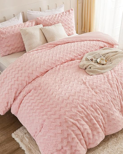Andency Pink Fleece Comforter Set Queen Size, 3 Pieces Plush Shaggy Faux Fur Bed Comforter Set for Queen Bed, Fuzzy Fluffy Warm Bedding Set for Women Girls - LeafyLoom