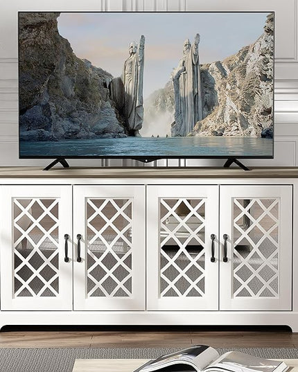 Galano Millicent TV Stand for 65+ Inch TV, 29" Tall Highboy Entertainment Center with Mirror Door, Rustic Media Console w/Storage Shelves, Wood Television Stand for Living Room, Ivory Knotty Grey Oak - LeafyLoom