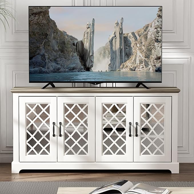 Galano Millicent TV Stand for 65+ Inch TV, 29" Tall Highboy Entertainment Center with Mirror Door, Rustic Media Console w/Storage Shelves, Wood Television Stand for Living Room, Ivory Knotty Grey Oak - LeafyLoom