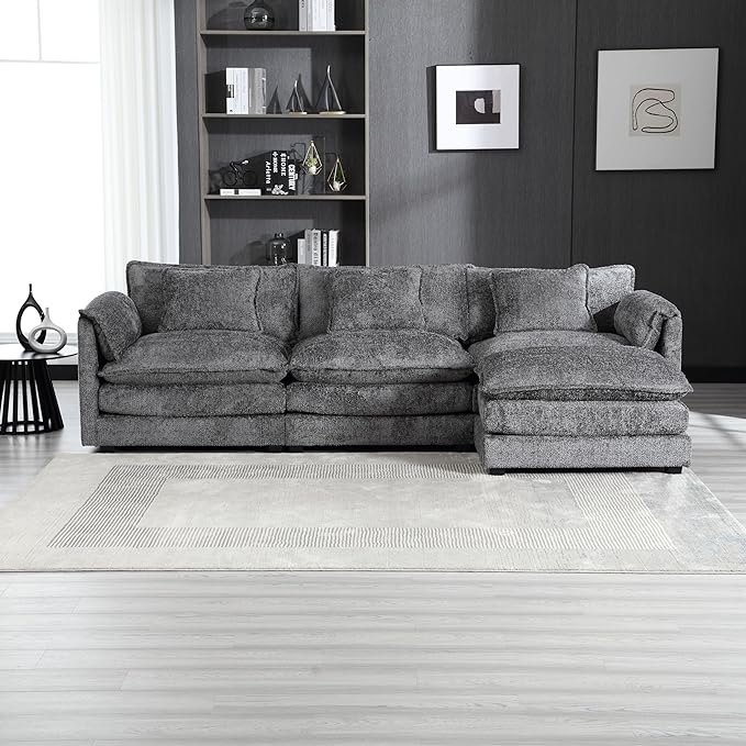 5 Seater L Shaped Convertible Modular Sectional Sofa with Reversible Chaise, Minimalist Oversized Sleeper Corner Couch,Chenille Upholstered Leisure Sofá for Living Room Office, Dark Gray 112.2" - LeafyLoom