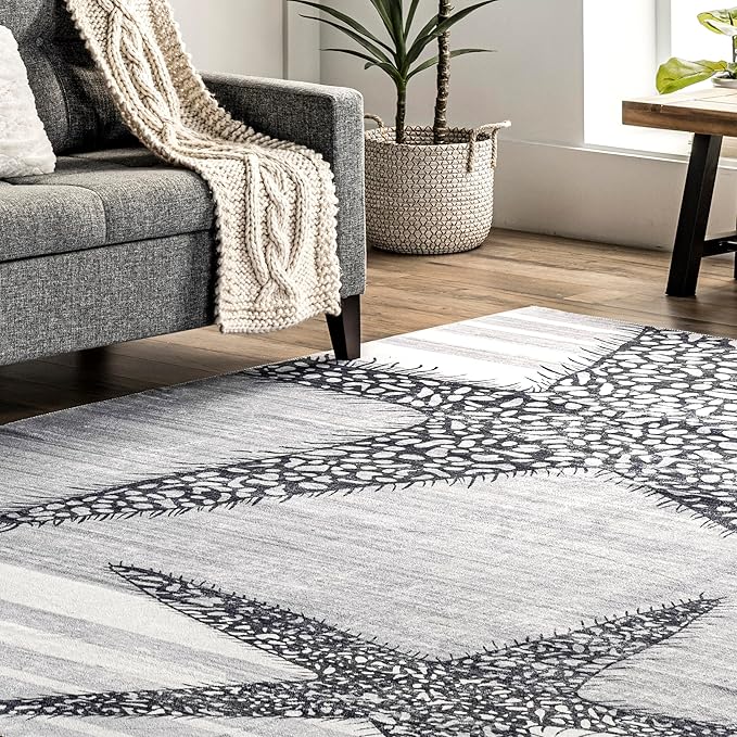 nuLOOM Starfish and Stripes Machine Washable Ultra Thin Area Rug, 5' x 8', Light Grey - LeafyLoom