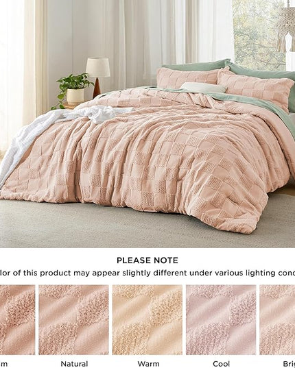Bedsure Twin/Twin XL Comforter Set Beige, Boho Tufted Bedding Comforter Set, Checkered Farmhouse Shabby Chic Bed Set, 2 Pieces, 1 Plaid Geometric Comforter and 1 Pillow Sham - LeafyLoom