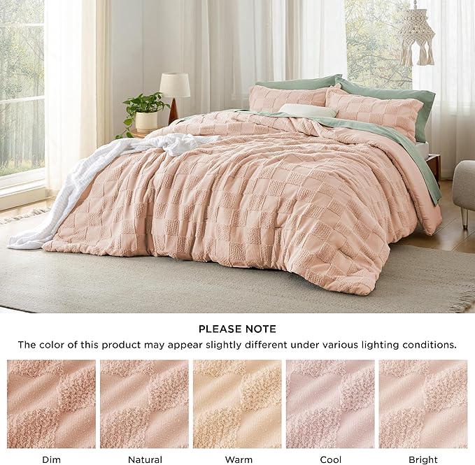 Bedsure Twin/Twin XL Comforter Set Beige, Boho Tufted Bedding Comforter Set, Checkered Farmhouse Shabby Chic Bed Set, 2 Pieces, 1 Plaid Geometric Comforter and 1 Pillow Sham - LeafyLoom
