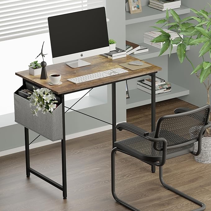 HealSmart Home Office Computer Desk, Modern Style Design with Headphone Hooks for Working, Writing and Gaming, 32 Inch, Deep Brown - LeafyLoom