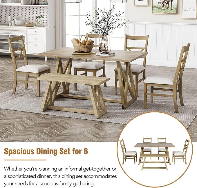 Merax Table Cross Legs, Kitchen Set with 4 Upholstered Dining Chairs and Solid Wood Bench, 6-Piece Farmhouse, Natural - LeafyLoom