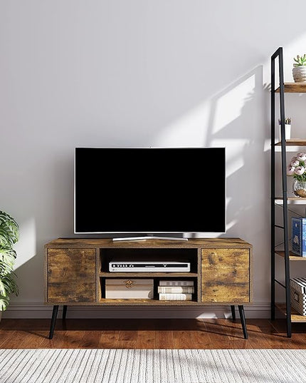 Yusong Industrial TV Stand for 55 Inch TVs,TV Bench TV Cabinet Media Cable Box Gaming Console Table with Open Shelves,Mid-Century Modern Entertainment Center for Living Room,Rustic Brown - LeafyLoom
