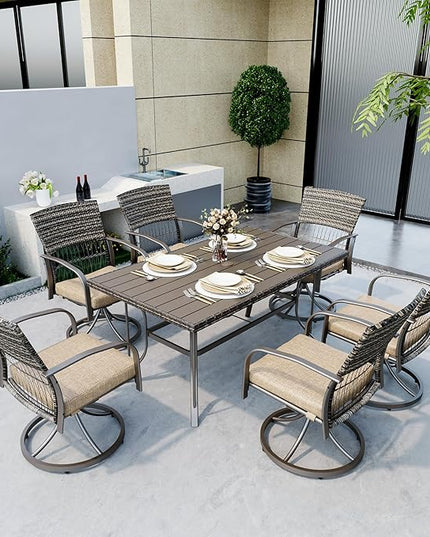 Pamapic 7 Piece Patio Dining Set for 6,Wicker Outdoor Furniture Set for Backyard Garden Deck Poolside with Iron Slats Table Top,6 Cushions Swivel Rocker Chairs,Removable Cushions(Beige) - LeafyLoom