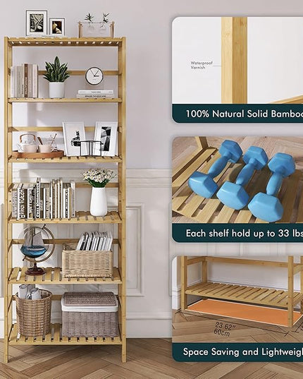 Bamboo Shelf, 6-Tier Adjustable Tall Open Bookcase, Bathroom Storage Rack Freestanding Shelving Unit, Plant Display Stand for Small Space, Natural - LeafyLoom