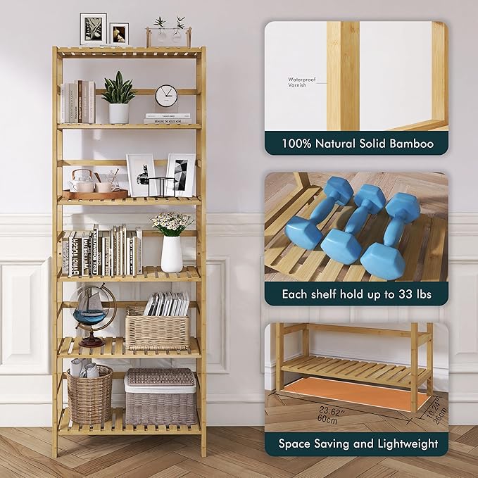 Bamboo Shelf, 6-Tier Adjustable Tall Open Bookcase, Bathroom Storage Rack Freestanding Shelving Unit, Plant Display Stand for Small Space, Natural - LeafyLoom