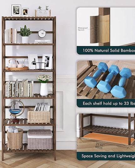 Bookcase, Bamboo Bookshelf, 6-Tier Adjustable Tall Open Book Shelf, Free Standing Storage Shelves Organizer, Flower Plant Display Stand, Walnut - LeafyLoom