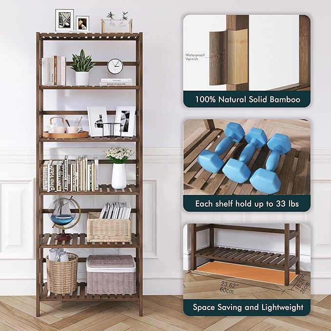 Bookcase, Bamboo Bookshelf, 6-Tier Adjustable Tall Open Book Shelf, Free Standing Storage Shelves Organizer, Flower Plant Display Stand, Walnut - LeafyLoom