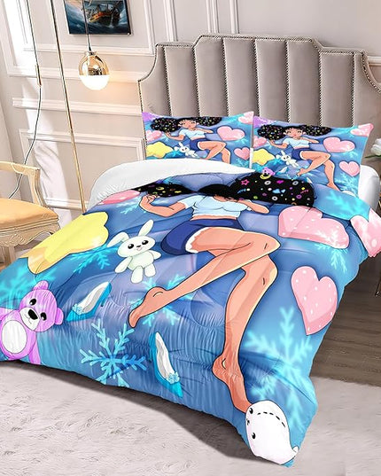 Black Girl Comforter Set - Full Size Comforter Set for Girls Bedroom Decor African American Girl Bedding Set Blue Full Quilt Set with 2 Pillowcases Kids Comforter Sets Gifts for Girls Kids Teens - LeafyLoom