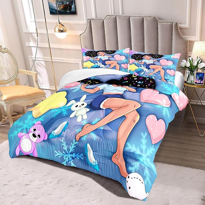 Black Girl Comforter Set - Full Size Comforter Set for Girls Bedroom Decor African American Girl Bedding Set Blue Full Quilt Set with 2 Pillowcases Kids Comforter Sets Gifts for Girls Kids Teens - LeafyLoom